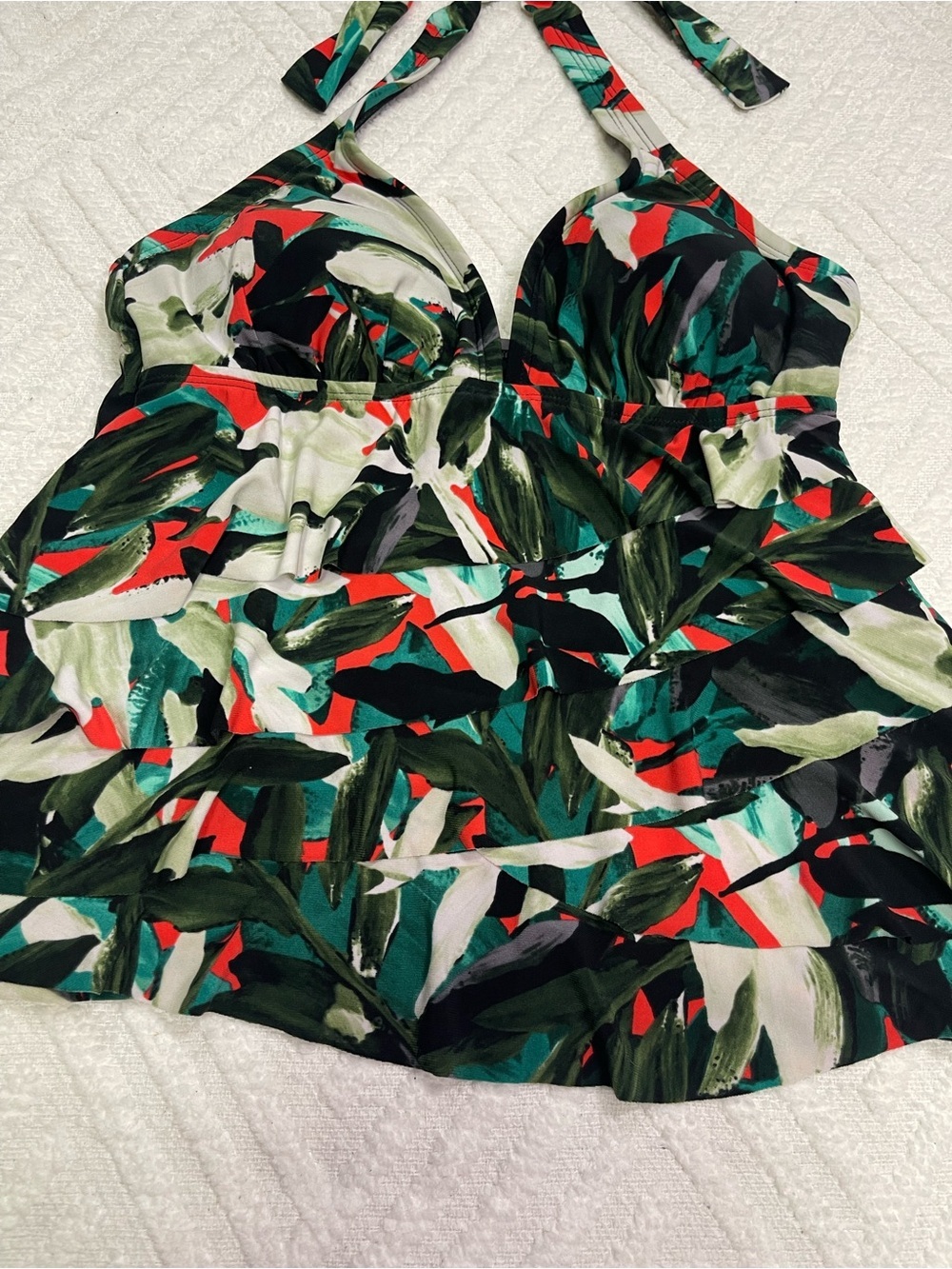 Aqua Green Black Tropical Print Swim Top with Green & Red - Picture 5 of 12